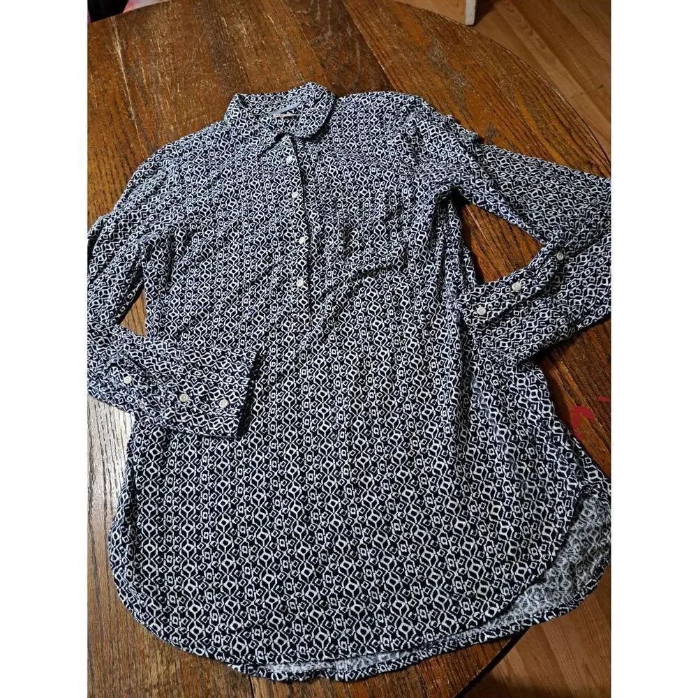 Small Merona Blue White Long Sleeve Cotton Button Front Collar Shirt Blouse Top